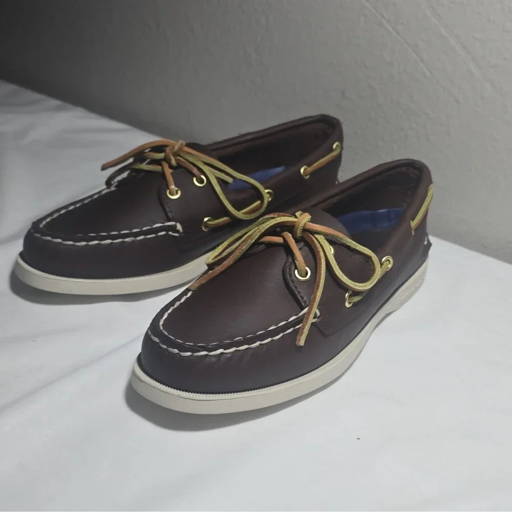 Sperry Top-Sider A/O Womens Brown Leather Boat Shoes 5M Multi-Color Laces New[3J